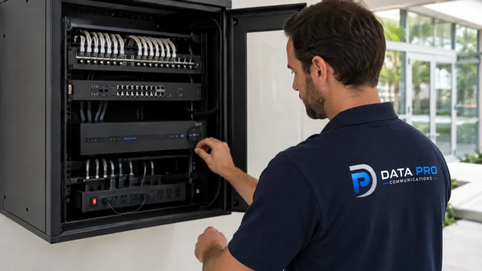 Illustrative Data Pro technician servicing a wall-mounted commercial network rack with organized cabling.