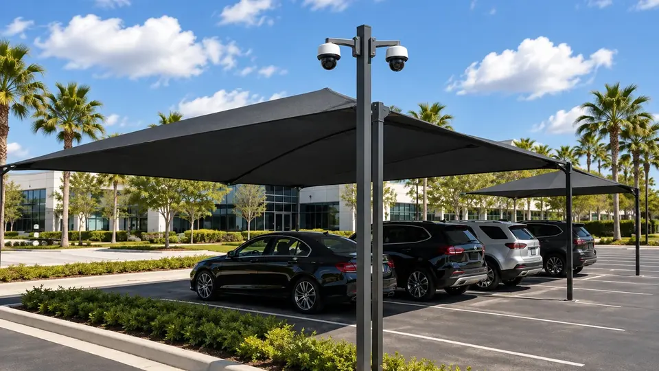 Illustrative automotive property parking area with two pole-mounted security cameras.