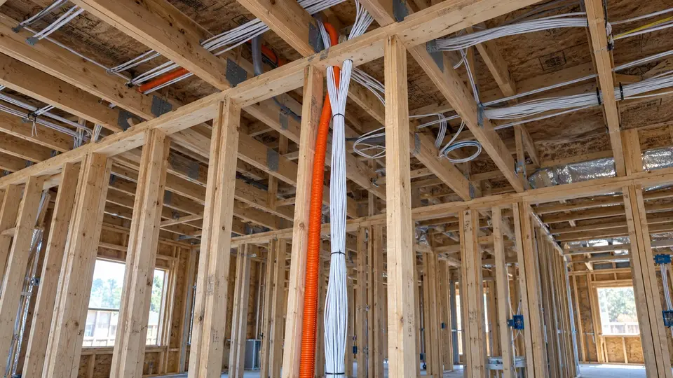 Illustrative low-voltage cabling routed through open wood framing during commercial construction.