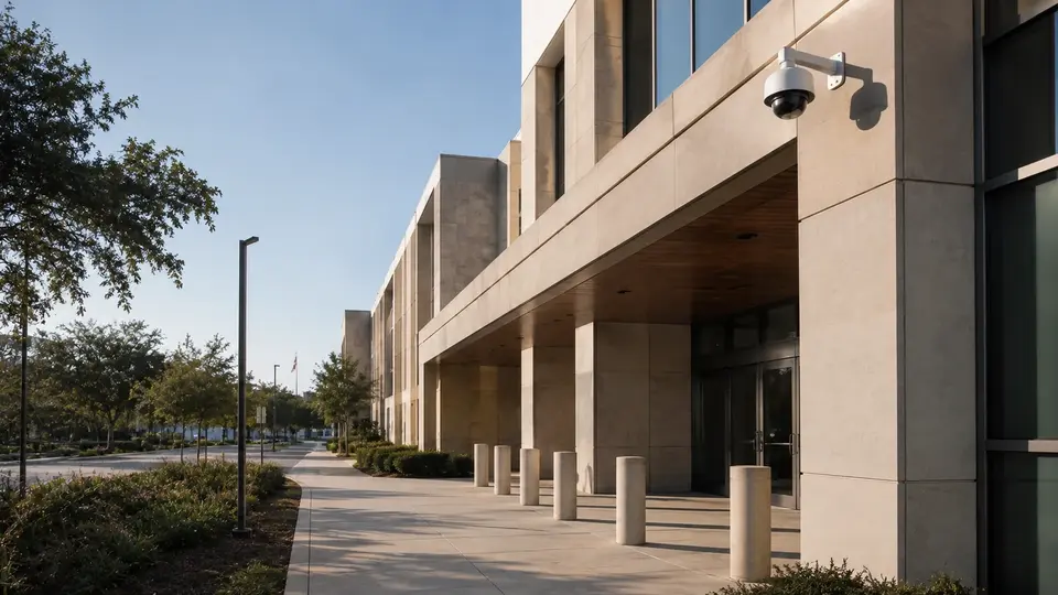 Illustrative public service facility entrance with a professionally mounted exterior camera.