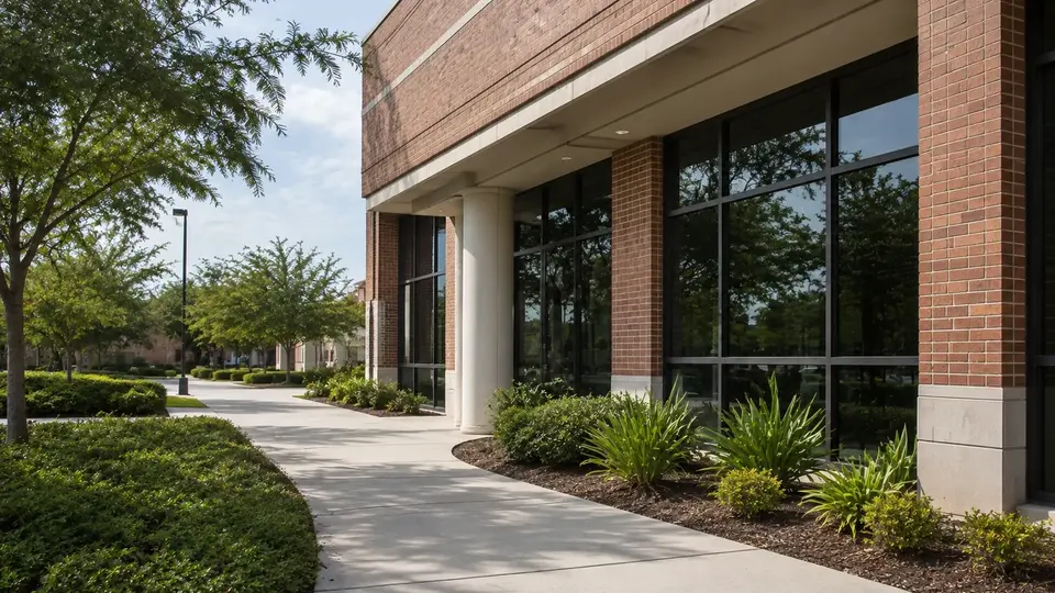Illustrative education campus building with a covered entrance walkway.