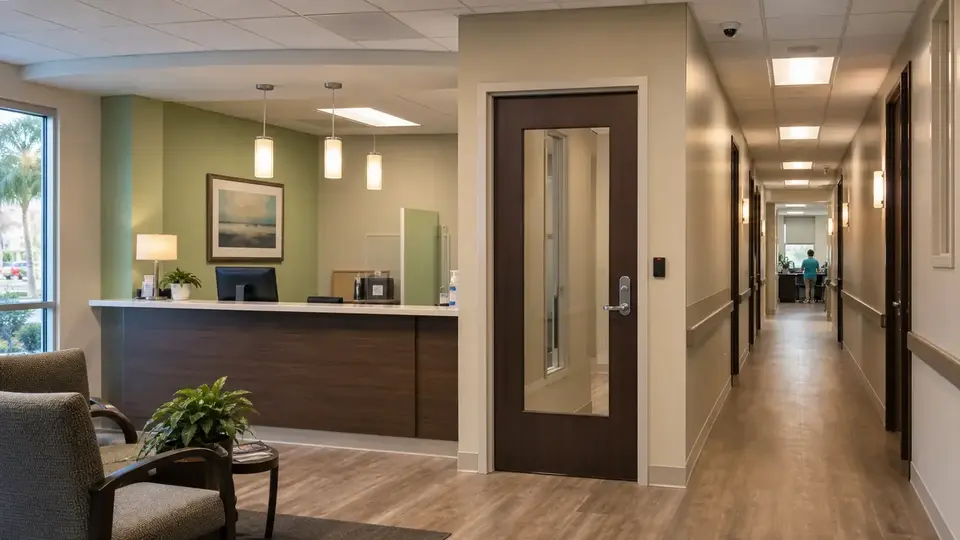 Illustrative healthcare office lobby with a controlled staff door and ceiling camera.