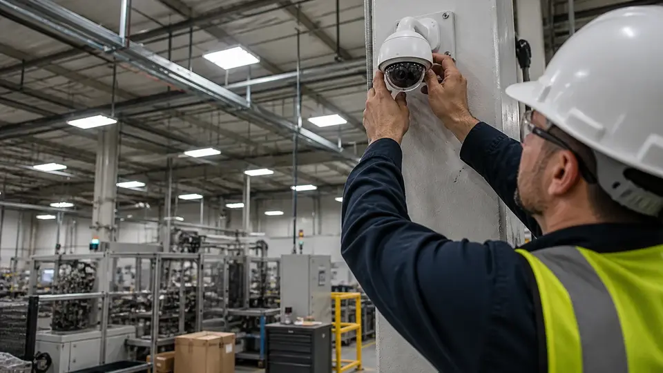 Illustrative technician installing a security camera in an industrial manufacturing area.