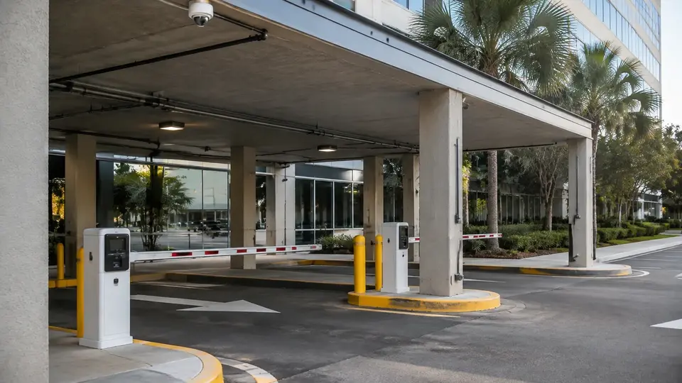Illustrative covered commercial parking lane with controlled vehicle entry and a ceiling camera.