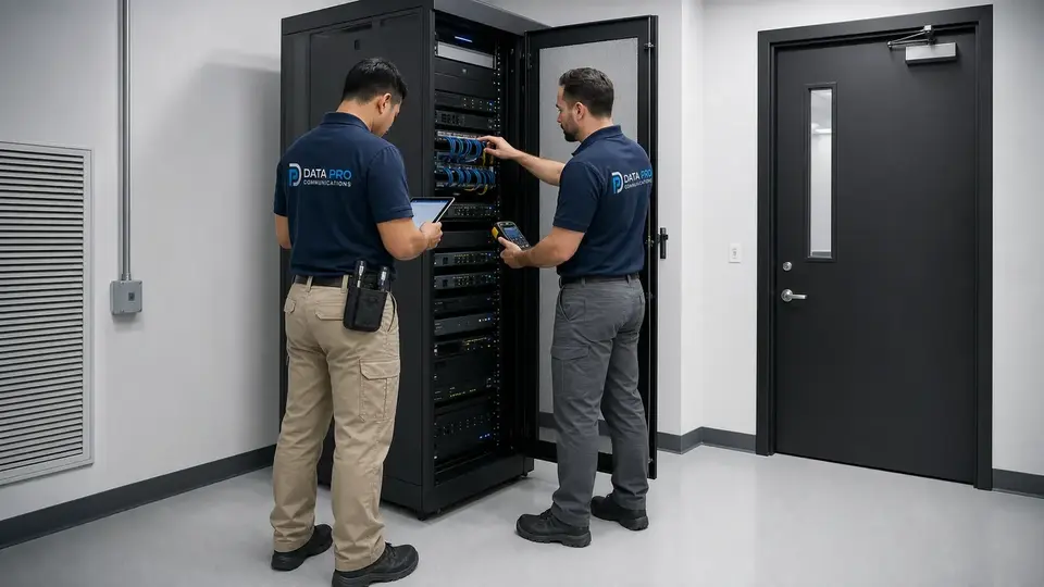 Illustrative Data Pro technicians assessing an organized camera system for an upgrade.