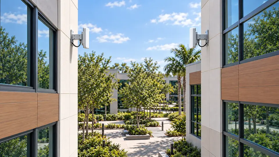 Illustrative outdoor point-to-point wireless bridge linking two commercial buildings.