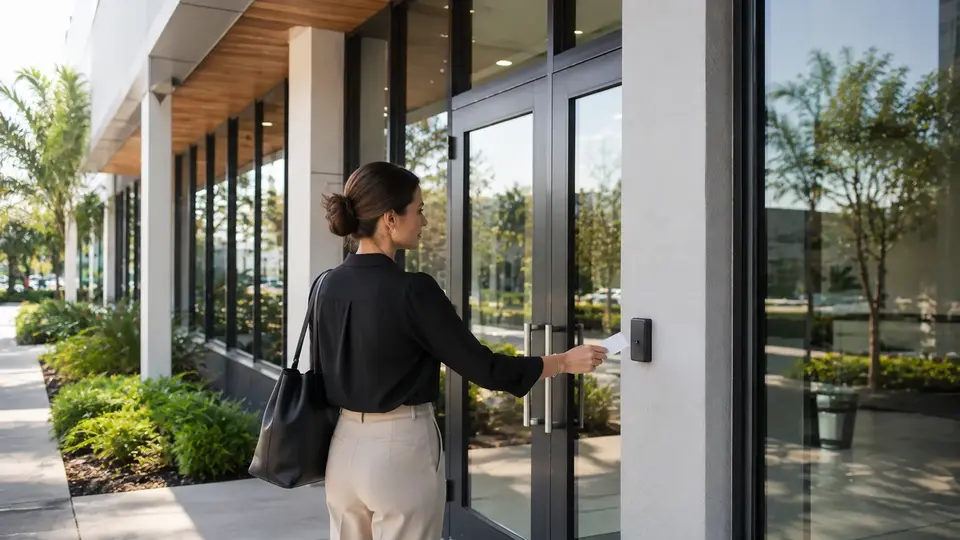 Illustrative cardholder presenting a credential to a reader beside a commercial entrance.