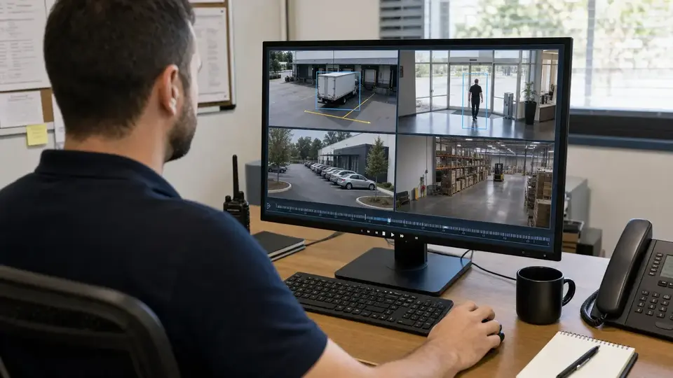 Illustrative operator reviewing commercial video feeds with event boxes and a defined detection zone.
