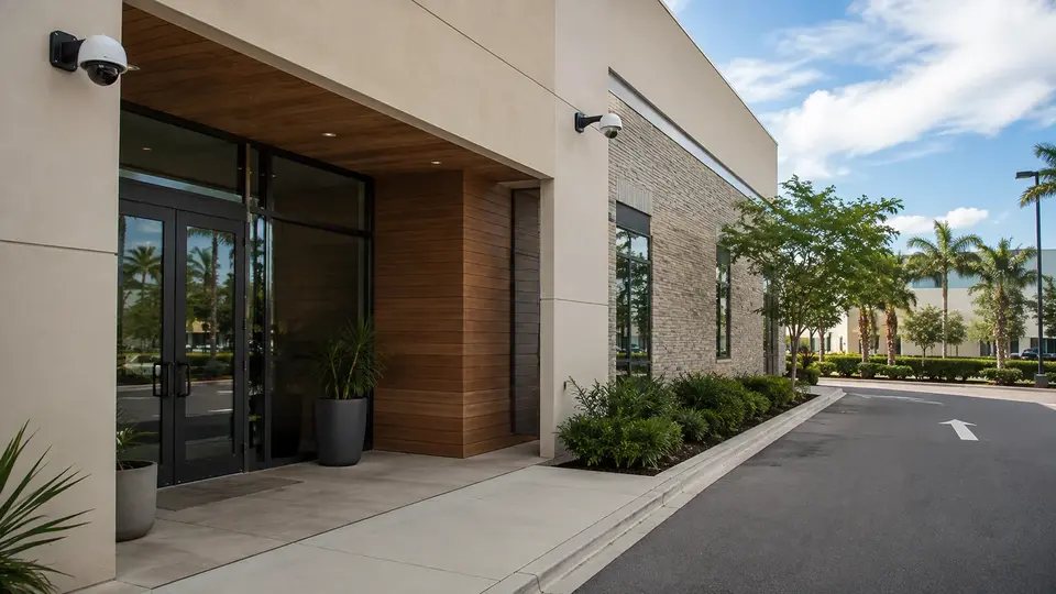 Illustrative exterior cameras covering a commercial entrance and adjacent vehicle approach.