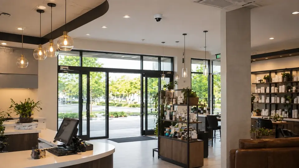 Illustrative retail entrance and sales floor with a ceiling camera above the public area.