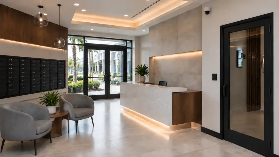 Illustrative shared residential lobby with mailboxes, reception, camera and a controlled interior door.