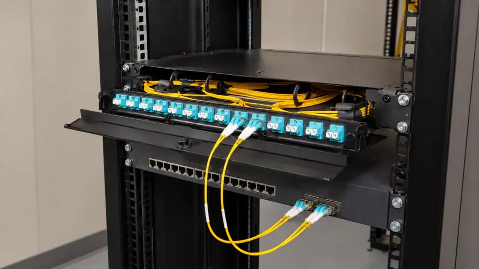 Illustrative fiber distribution panel with LC adapters, managed yellow fiber and connected uplinks.