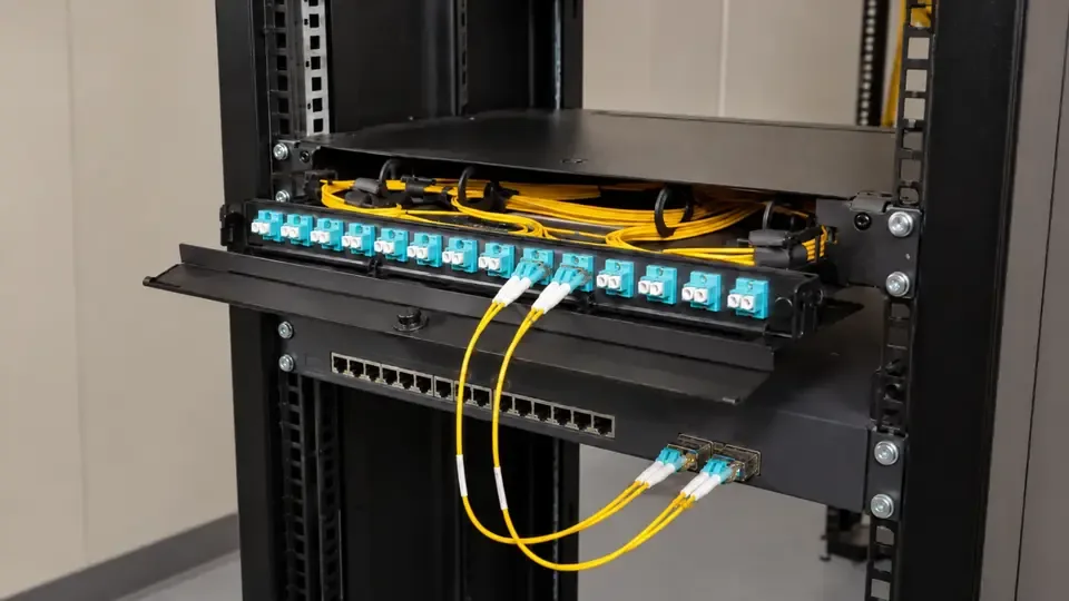 Illustrative fiber distribution panel with LC adapters, managed yellow fiber and connected uplinks.