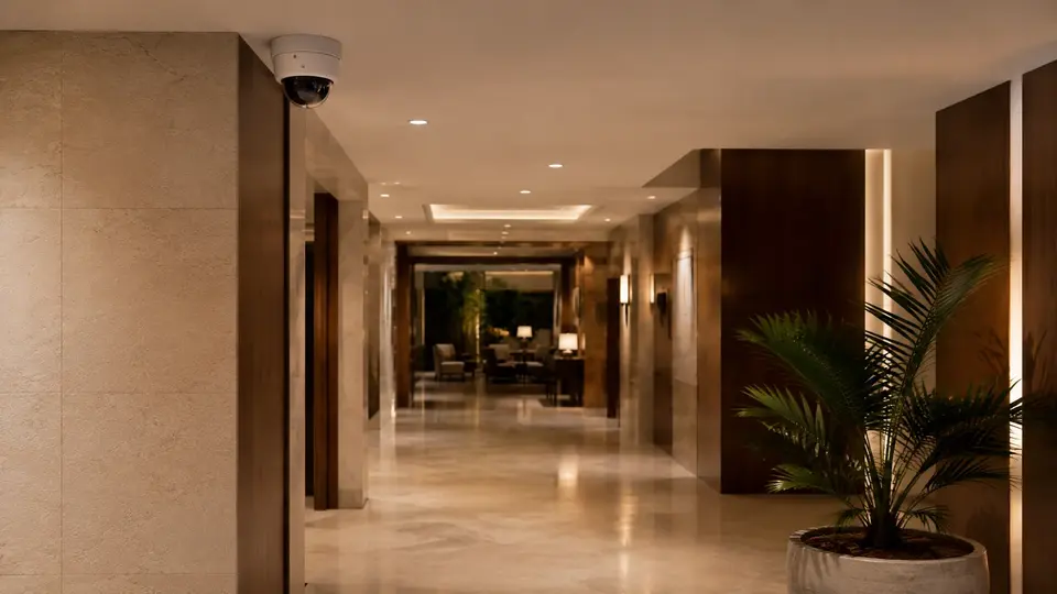 Illustrative dome camera above a hotel public corridor leading toward a lounge.