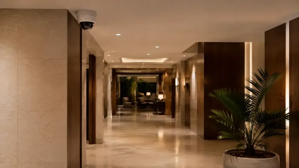 Illustrative dome camera above a hotel public corridor leading toward a lounge.