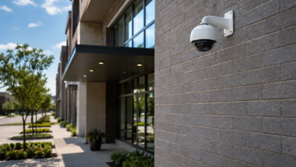 Illustrative dome security camera on a rigid wall bracket at a commercial brick exterior.