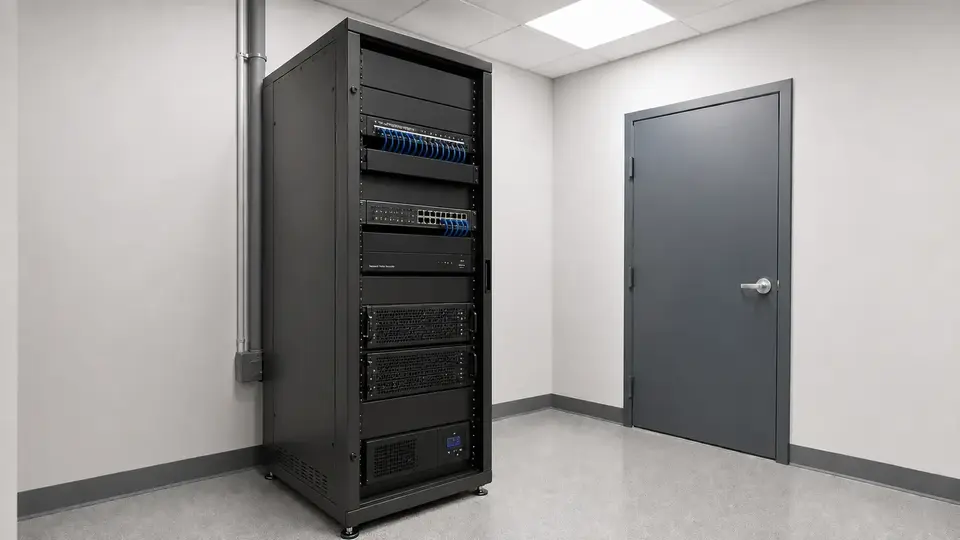 Illustrative dedicated equipment-room rack with network recorder, storage and organized patching.