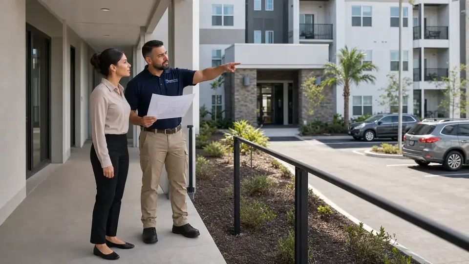 Illustrative property manager and security consultant reviewing plans beside a shared parking area.
