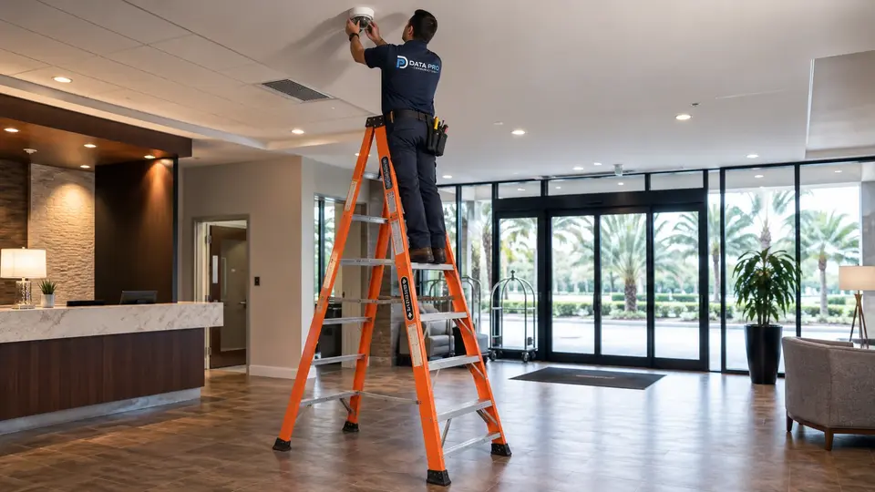 Illustrative Data Pro technician safely installing a ceiling device from a stabilized platform ladder in a commercial lobby.