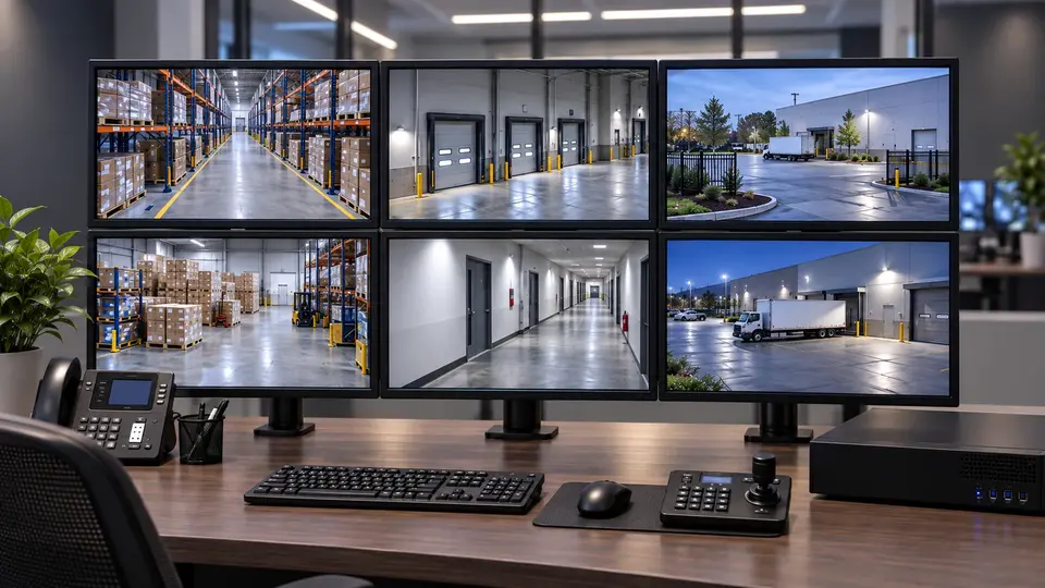 Illustrative CCTV monitoring workstation with six displays showing warehouse aisles, loading docks, corridors, and exterior gates.