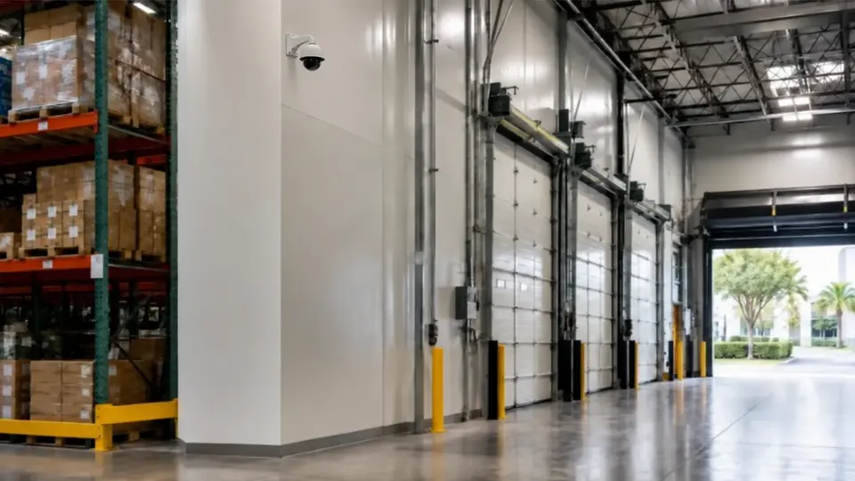 Illustrative high-mounted warehouse camera overlooking loading doors and pallet storage.