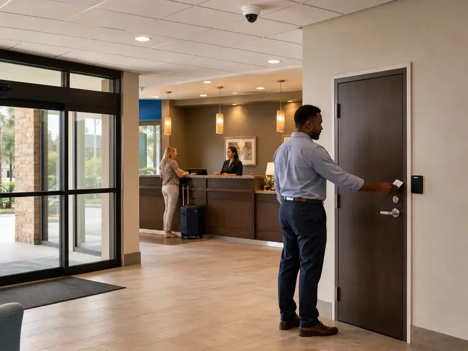 Illustrative hotel lobby with a ceiling camera and a card reader beside a staff door.