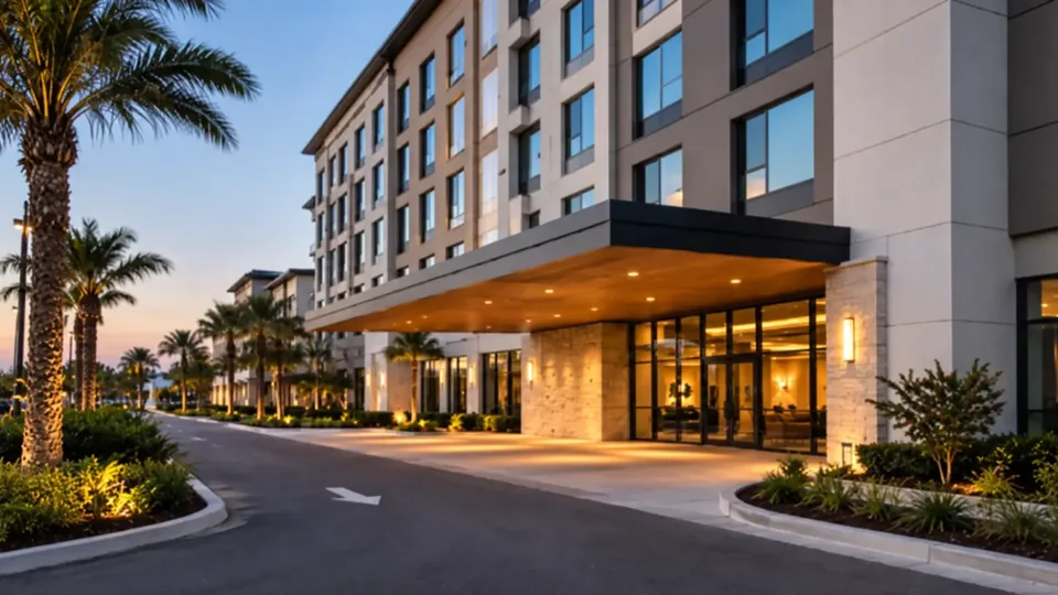 Illustrative hotel entrance and landscaped guest-arrival drive at dusk.