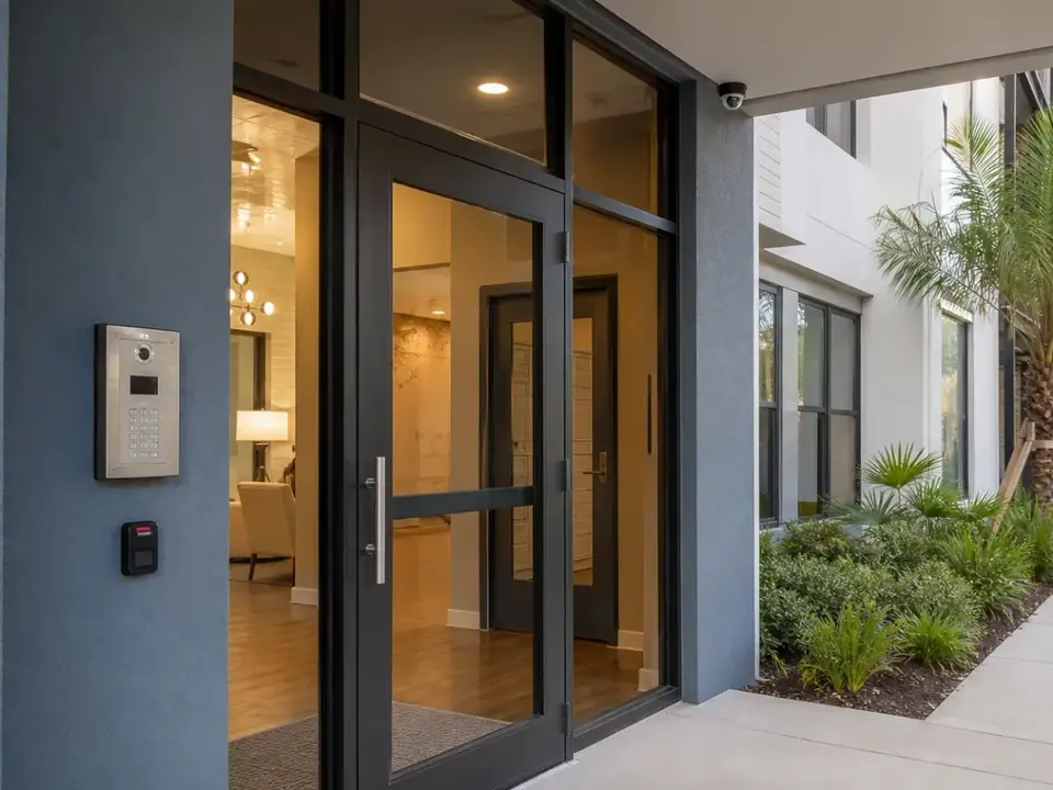 Illustrative managed-property entrance with intercom, card reader and a high dome camera.