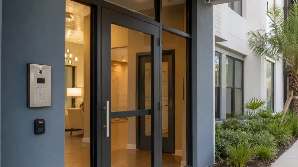 Illustrative managed-property entrance with intercom, card reader and a high dome camera.