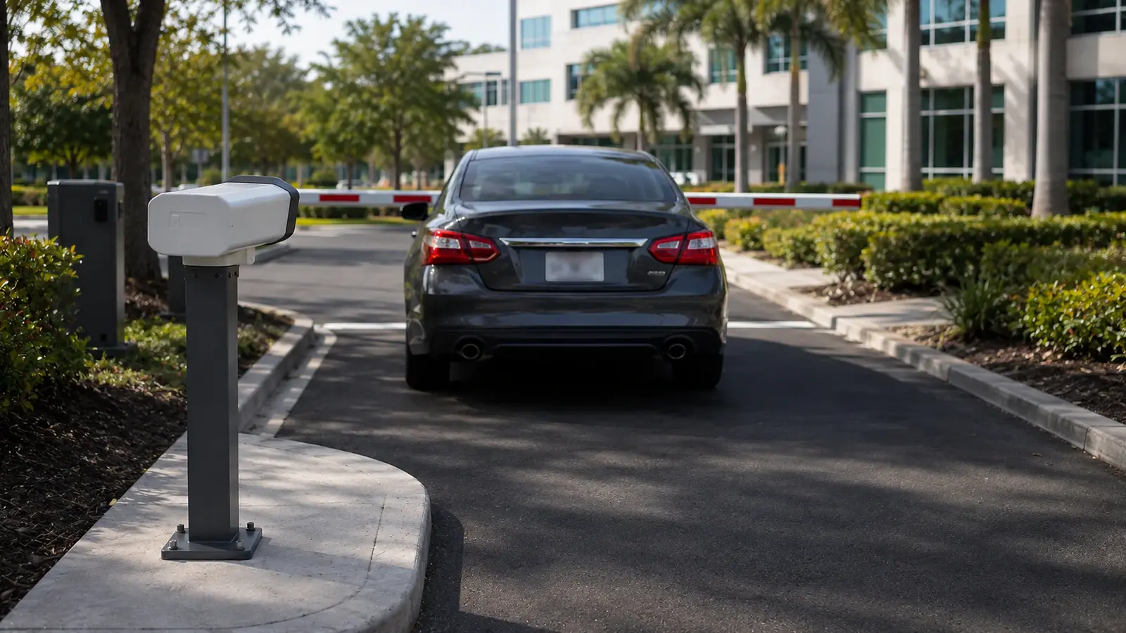 Illustrative roadside camera directed toward a vehicle at a controlled entry lane.