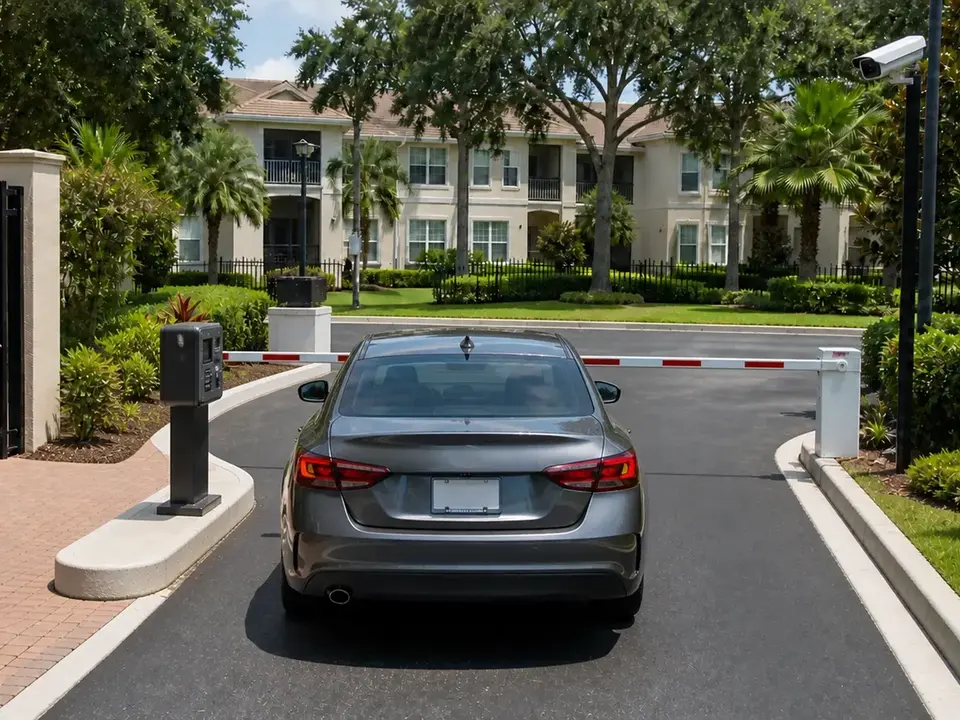 Illustrative vehicle-entry lane with a gate, intercom and elevated overview camera.