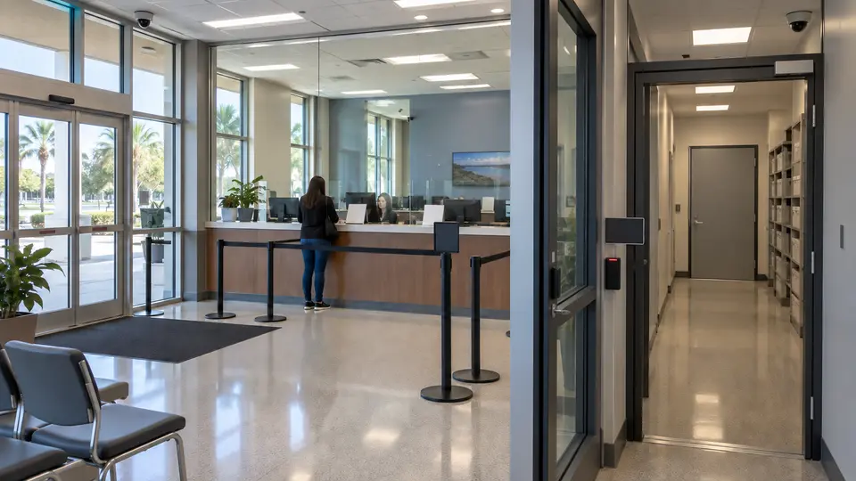 Illustrative public-service facility separating visitor circulation from staff and records access.