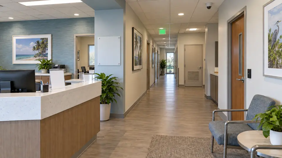 Illustrative medical-office reception corridor with controlled staff access and restrained camera placement.
