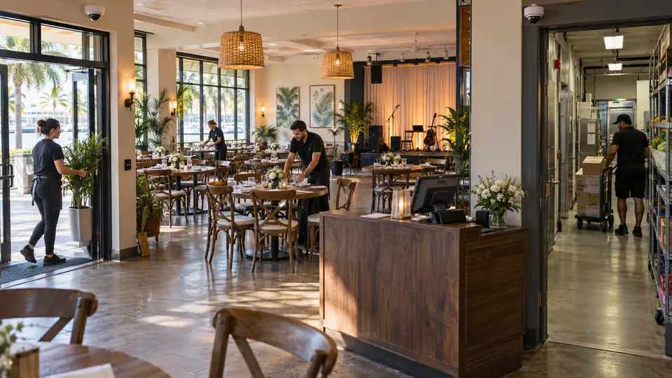 Illustrative restaurant and small event property transitioning between public service and back-of-house operations.
