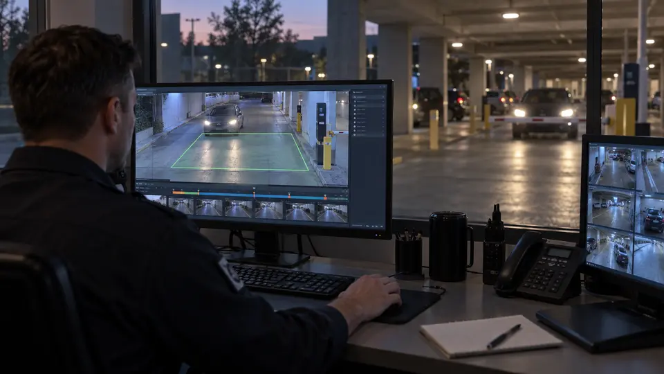 Illustrative operator validating a defined vehicle-approach analytics zone in changing parking conditions.