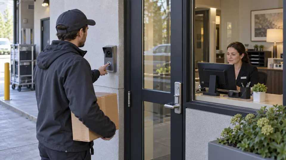 Illustrative visitor using a commercial video intercom at a controlled hotel service entrance.