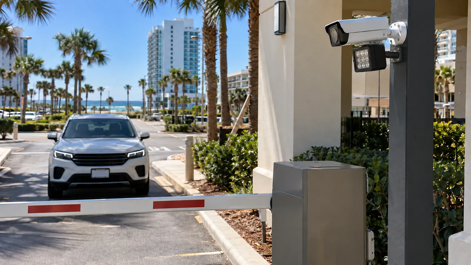 Dedicated license plate recognition camera with an infrared illuminator aimed at a vehicle entry lane at a coastal property.