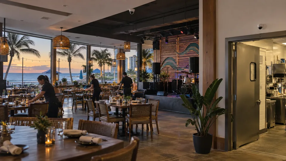 Oceanfront restaurant and event venue dining room with a ceiling dome camera and a staff service doorway.