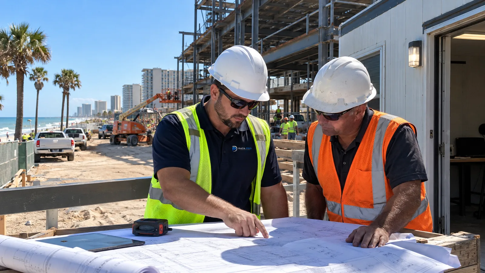 Data Pro technician and a general contractor reviewing low-voltage plans at an active commercial jobsite in Daytona Beach.