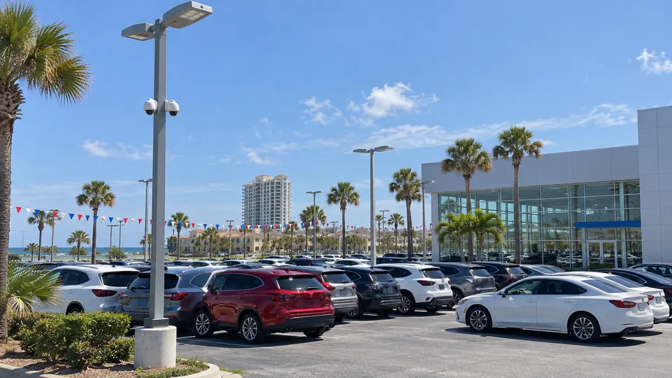 Car dealership sales lot in Daytona Beach with a camera pole covering rows of vehicles and the showroom entrance.