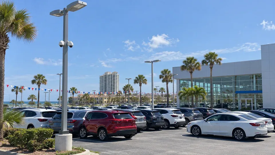 Car dealership sales lot in Daytona Beach with a camera pole covering rows of vehicles and the showroom entrance.