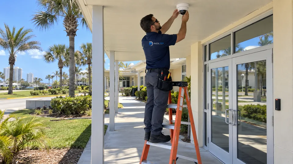Data Pro technician on an orange ladder installing a dome camera at a campus entrance walkway with a card reader at the door.