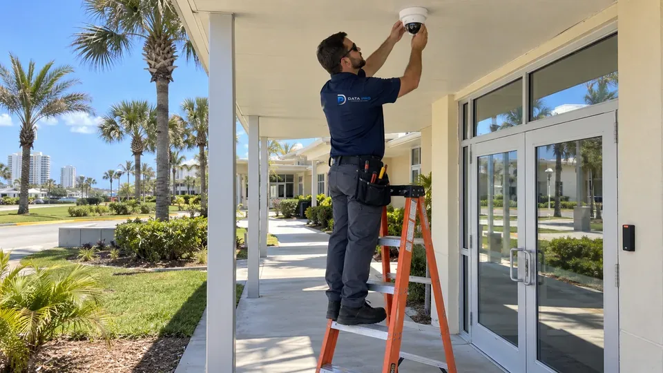 Data Pro technician on an orange ladder installing a dome camera at a campus entrance walkway with a card reader at the door.