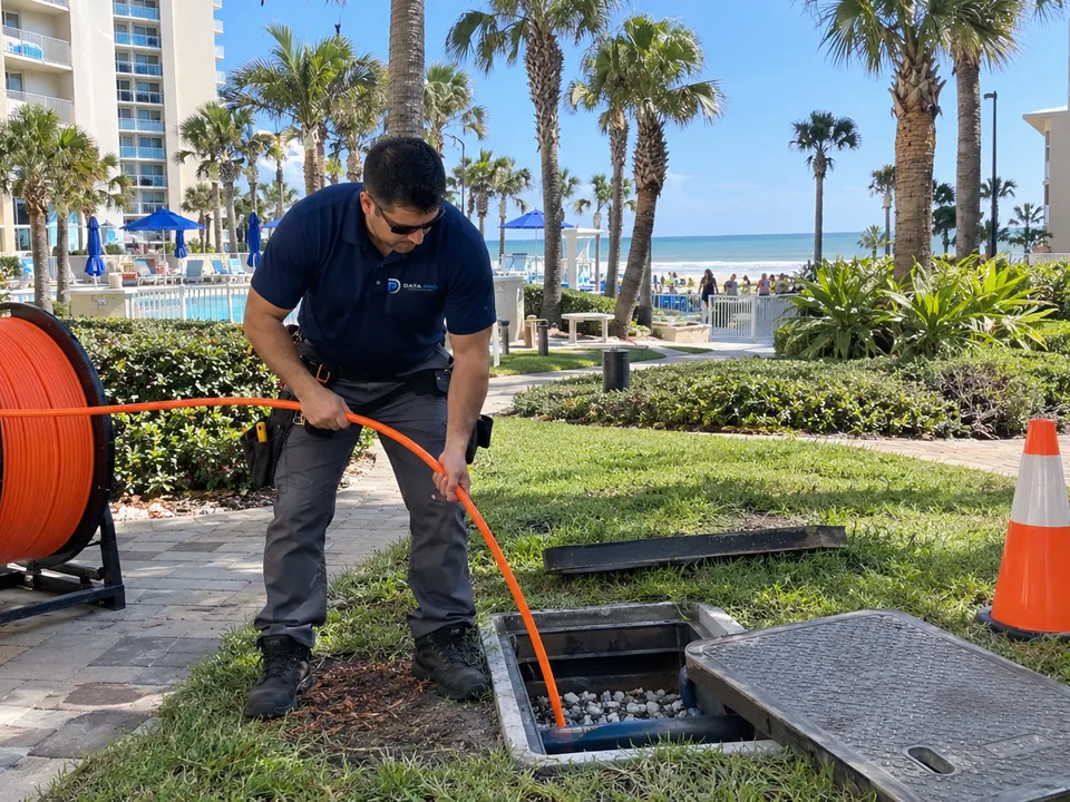 Data Pro technician feeding orange fiber innerduct into an underground pull box between buildings at a coastal resort.