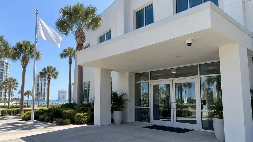Municipal building entrance in coastal Florida with a dome camera under the canopy and a card reader at the door.