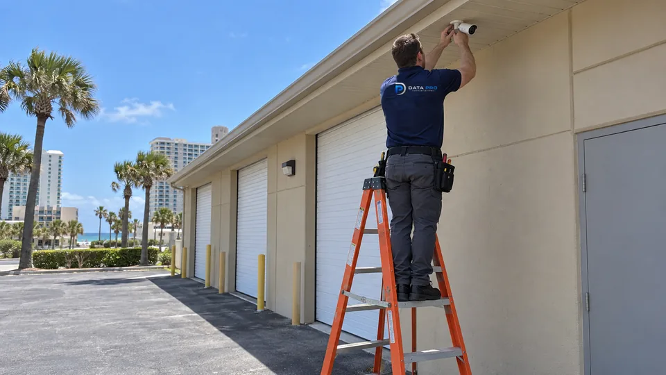 Data Pro technician on an orange ladder installing a camera above roll-up doors at a flex warehouse in Holly Hill.