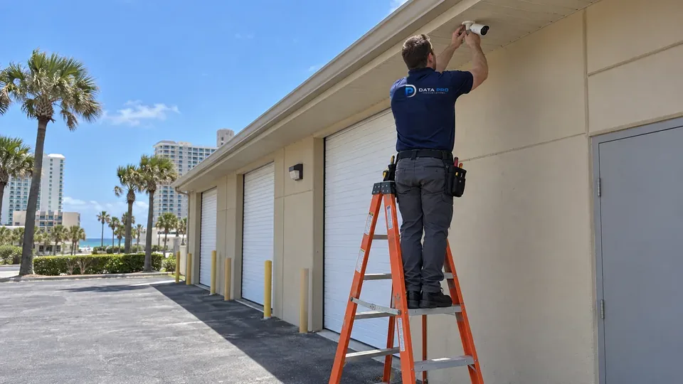 Data Pro technician on an orange ladder installing a camera above roll-up doors at a flex warehouse in Holly Hill.