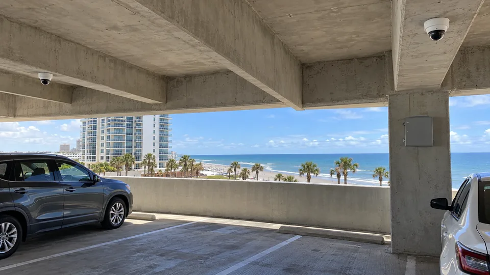IP dome cameras on the ceiling of an oceanfront condominium parking garage with a network enclosure on a column.