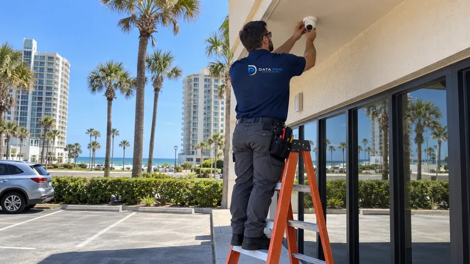 Data Pro technician on an orange ladder mounting an IP turret camera under the soffit of a coastal commercial building.