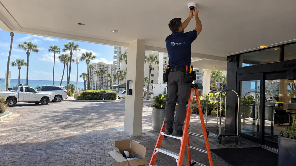 Data Pro technician on an orange ladder replacing a dome camera under a coastal hotel entrance canopy.